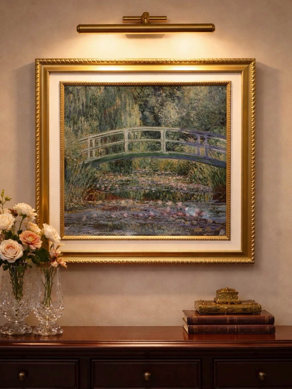 Bridge over a Pond of Water lilies by Claude Monet framed art print silver gold